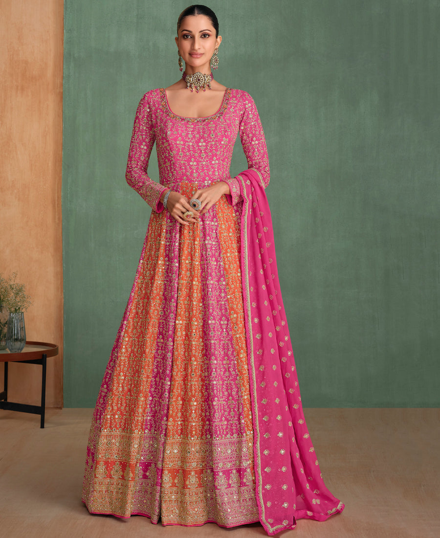 Designer Pink Kali Worked Embroidery Anarkali For Women Wedding Wear