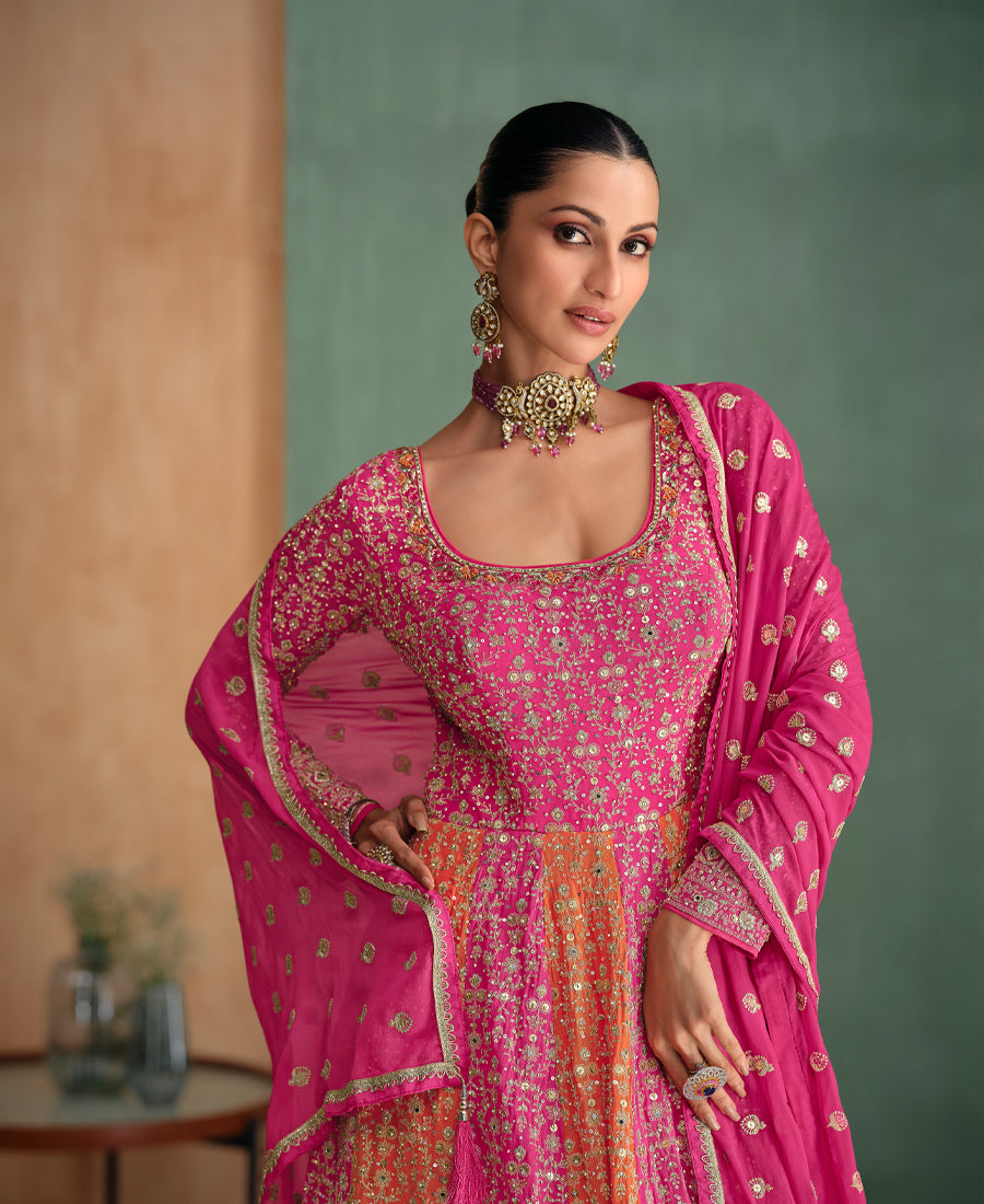 Designer Pink Kali Worked Embroidery Anarkali For Women Wedding Wear