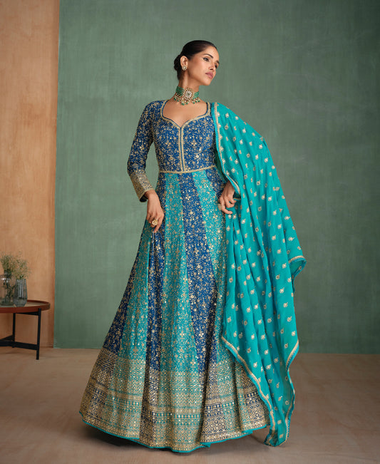 Designer Sky Blue Kali Worked Embroidery Anarkali For Women Wedding Wear