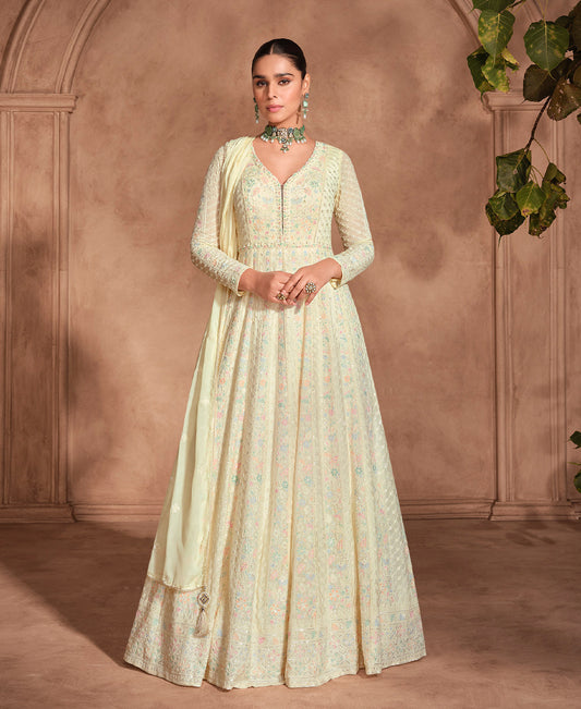 Designer Off White Georgette Wedding Wear Heavy Embroidered Anarkali Set For Women