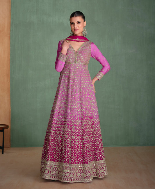 Pink Ombre Pattern Embroidered Wedding Wear Anarkali