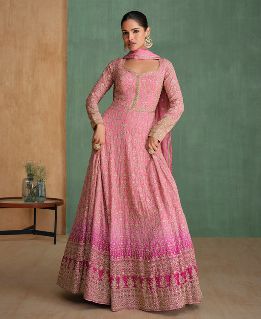 Baby Pink Ombre Pattern Embroidered Anarkali Suit Set For Women Festival Wear