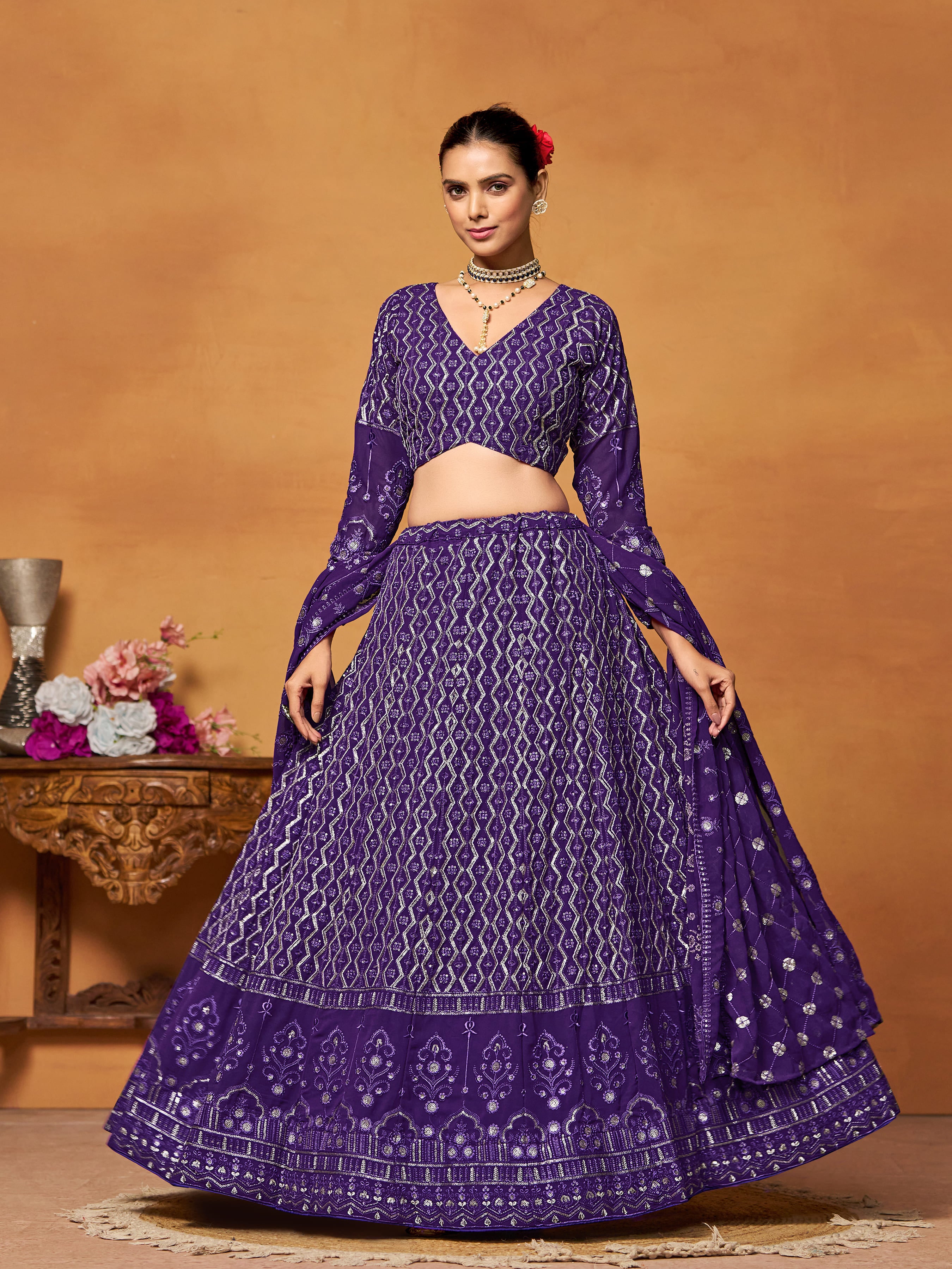Purple Georgette Thread Sequence Embroidery Work Lehenga Choli