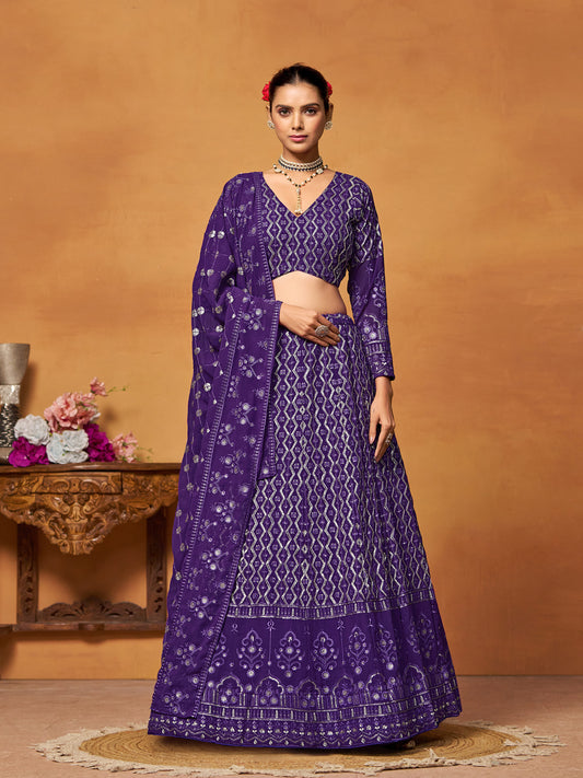 Purple Georgette Thread Sequence Embroidery Work Lehenga Choli