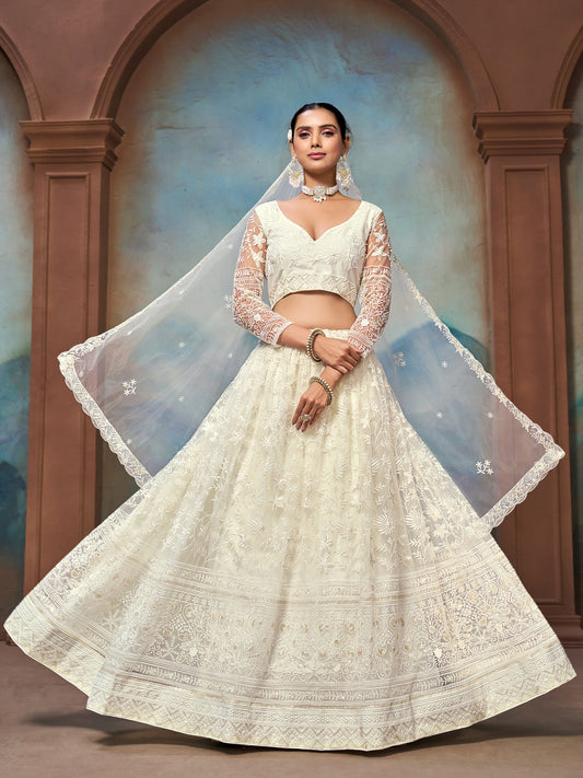 White Net Fabric Thread Embroidery Work Lehenga Choli