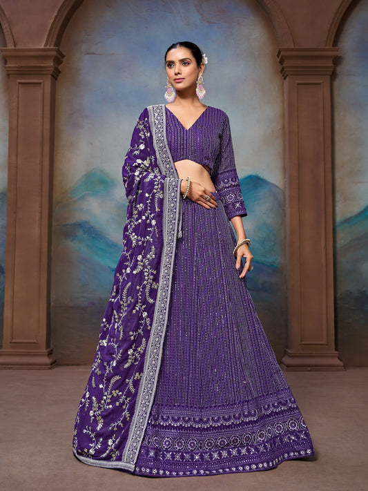 Purple Georgette Zari Sequence Embroidery Work Lehenga Choli