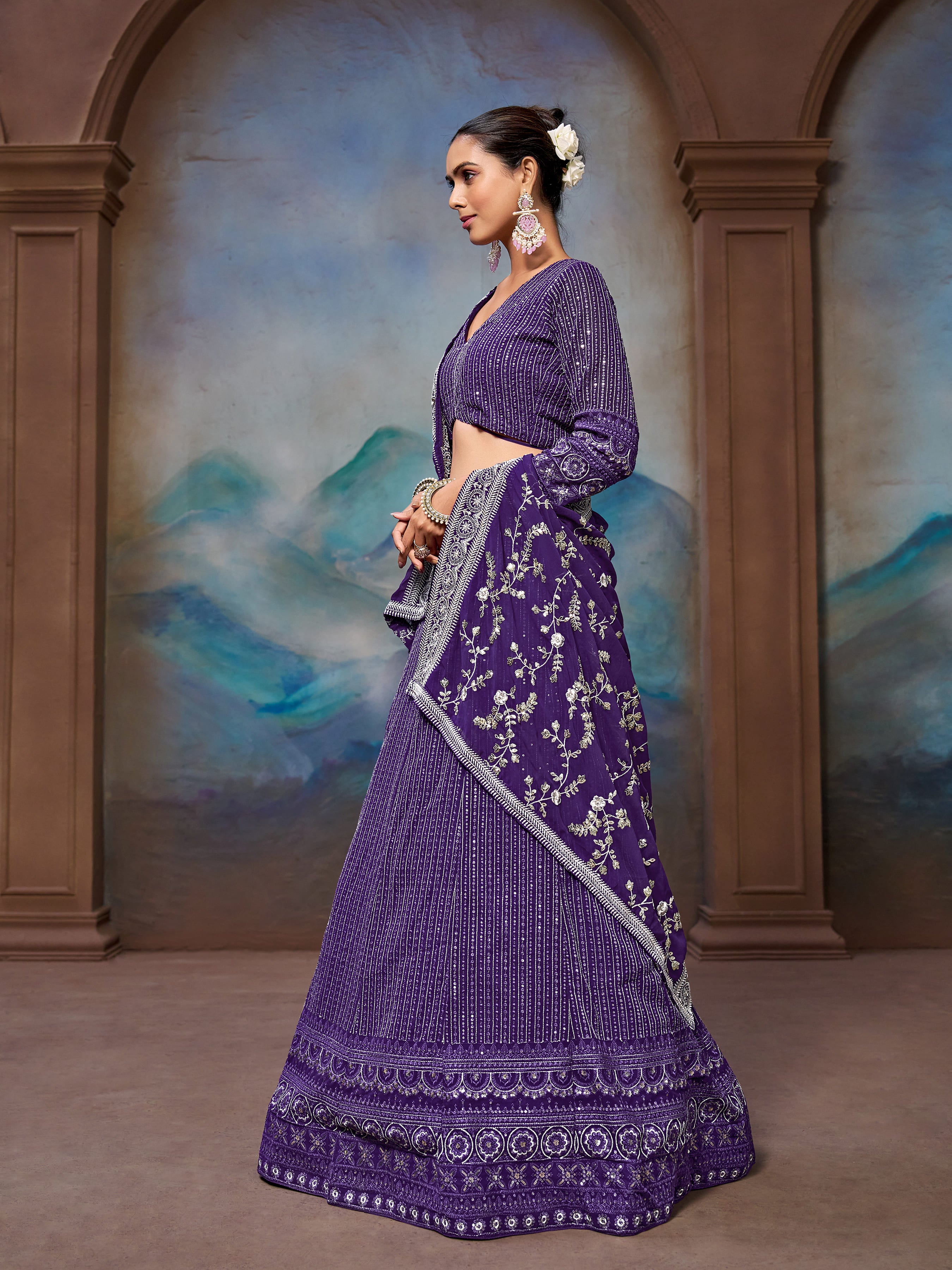 Purple Georgette Zari Sequence Embroidery Work Lehenga Choli