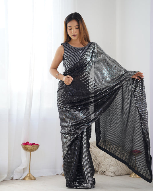 Black & Silver Embellished Sequinned Pure Georgette Saree