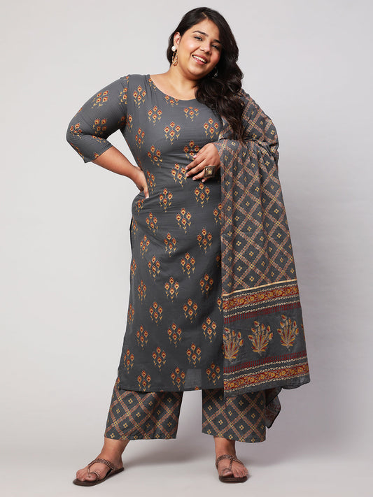 Women Plus Size Grey Printed Kurta And Palazzo With Dupatta