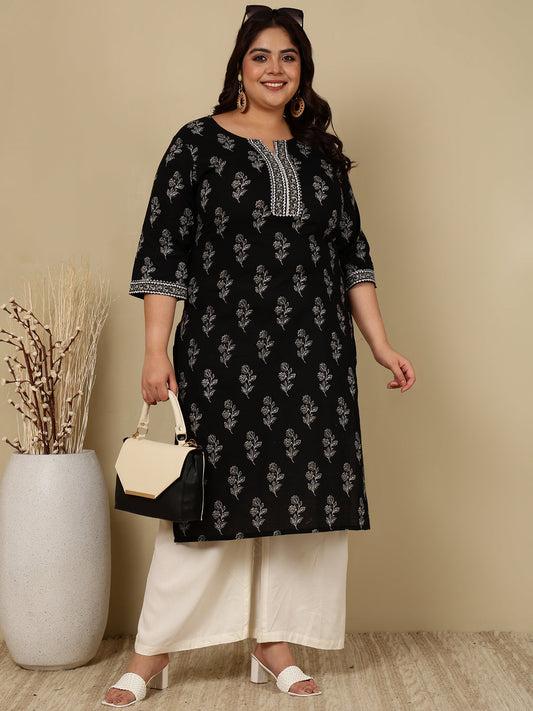 Plus Size Black Printed Straight Kurta For Women