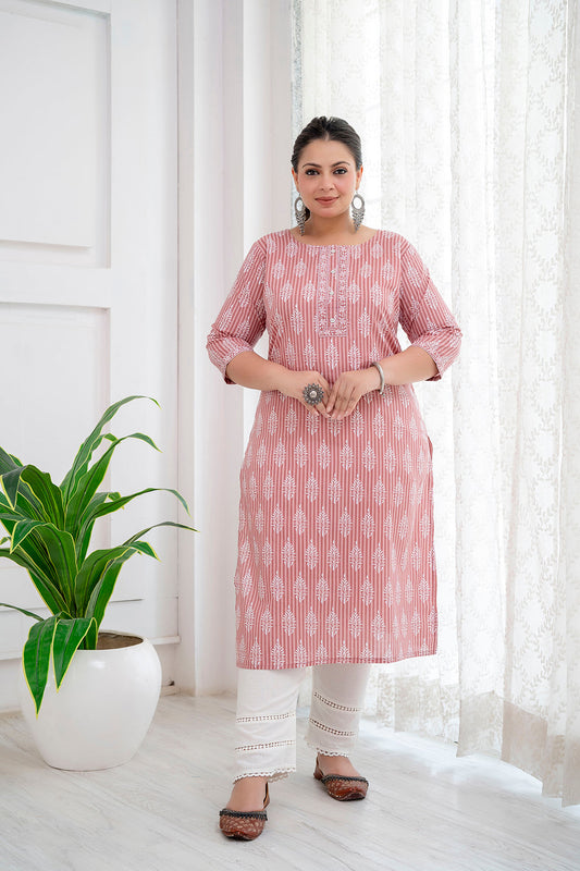 Plus Size Pink Printed Straight Kurta For Women