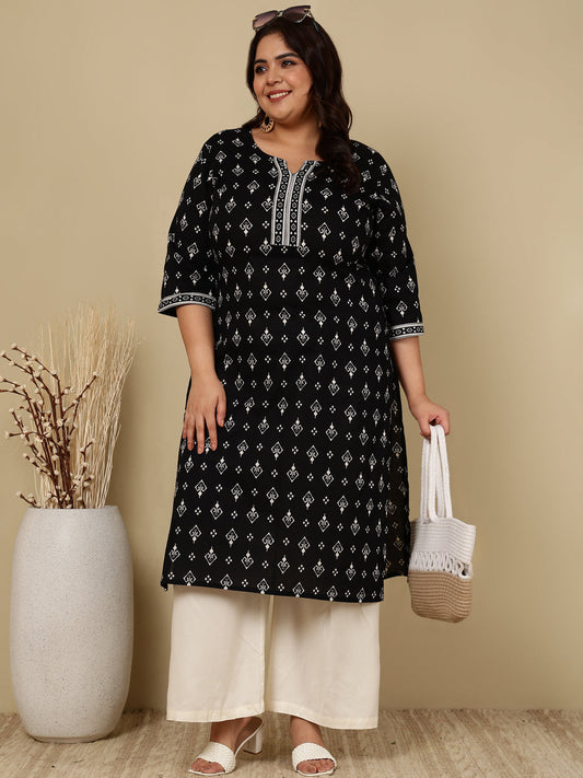 Plus Size Black Printed Straight Kurta For Women