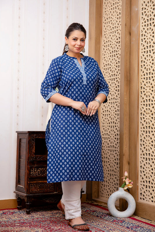 Plus Size Blue Printed Straight Kurta For Women