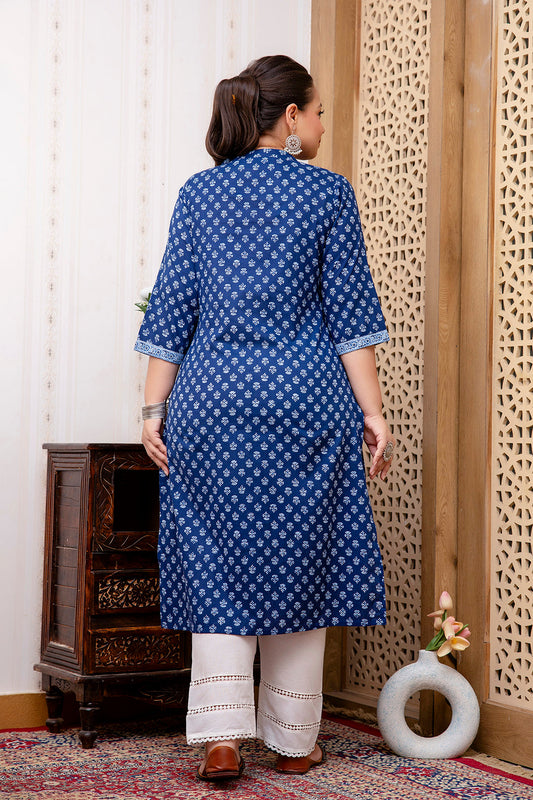 Plus Size Blue Printed Straight Kurta For Women