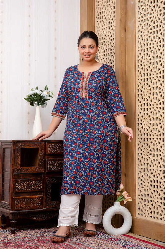 Plus Size Blue Printed Straight Kurta For Women