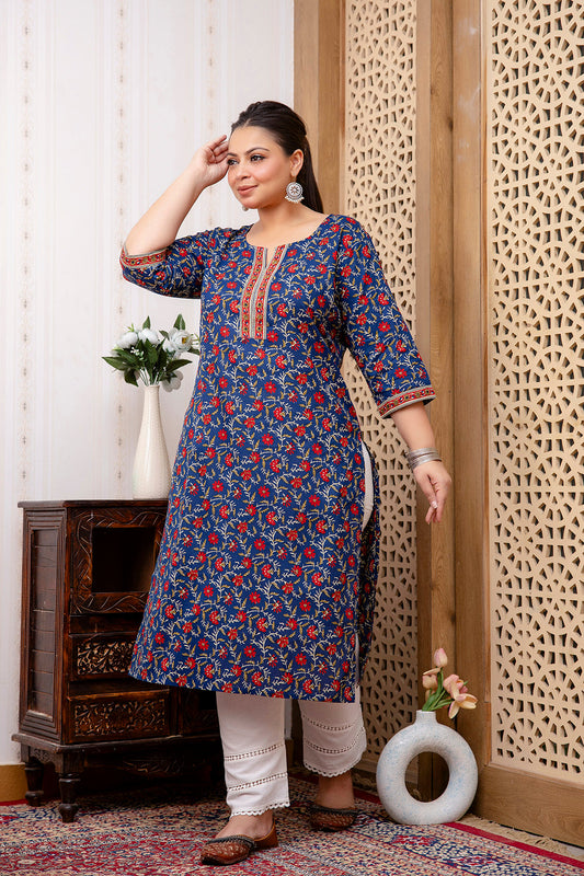 Plus Size Blue Printed Straight Kurta For Women