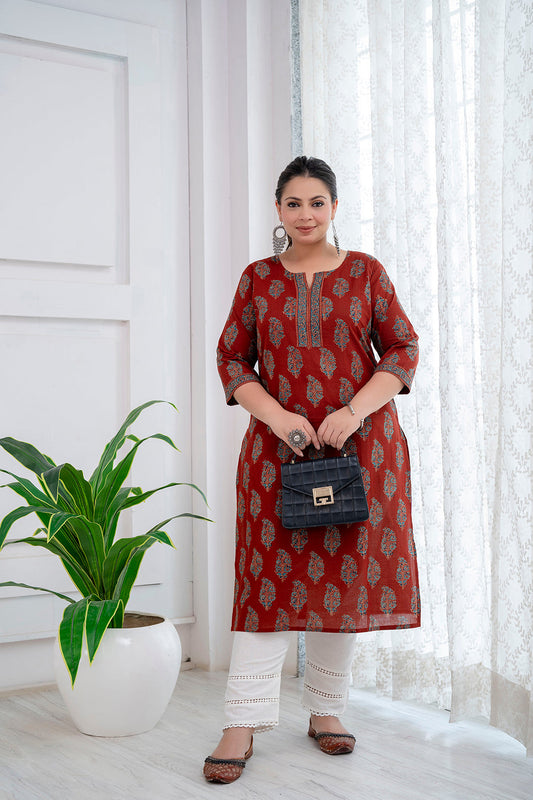 Plus Size Maroon Printed Straight Kurta For Women