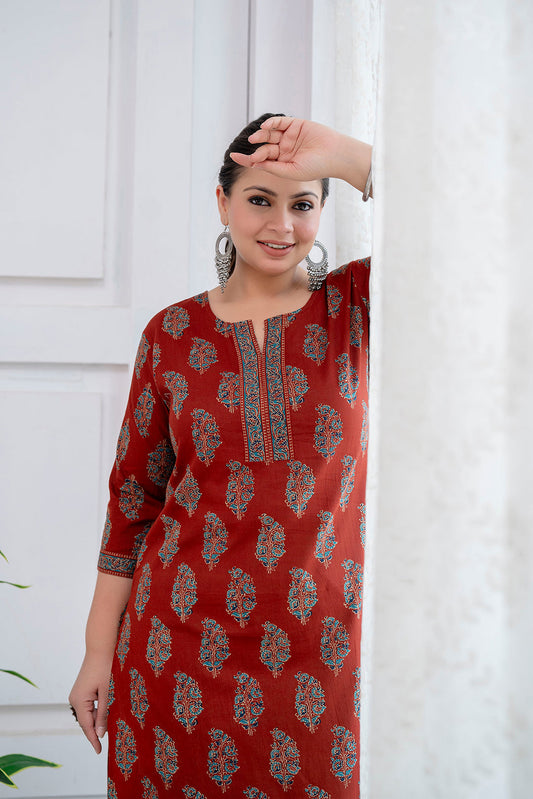 Plus Size Maroon Printed Straight Kurta For Women