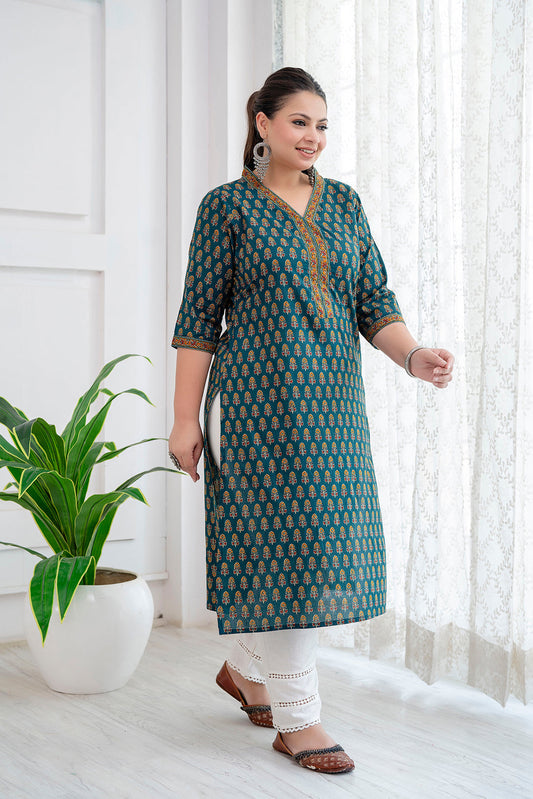 Plus Size Green Printed Straight Kurta For Women