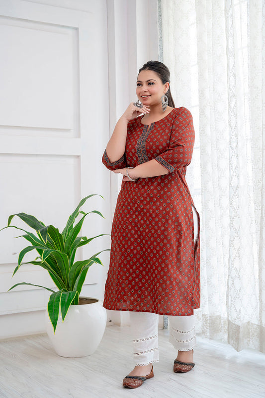 Plus Size Maroon Printed Straight Kurta For Women