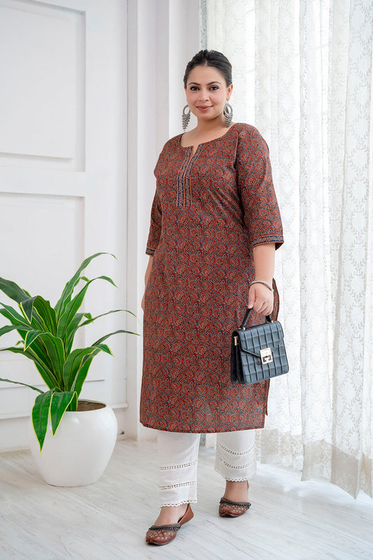 Plus Size Rust Printed Straight Kurta For Women