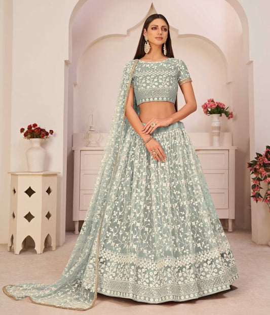 Green embroidered net semi stitched lehenga