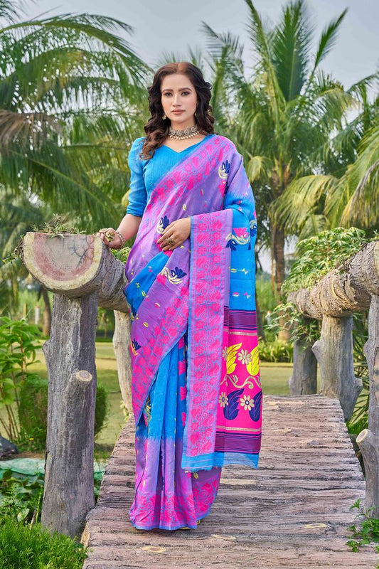 Blue Color Silk Cotton Wevon Thread Designer Ethnic Casual Looks Saree