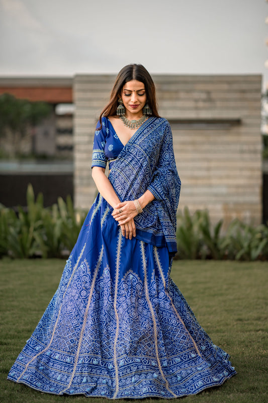 Navy Blue Vaishali Silk With Printed Lehenga Choli Set