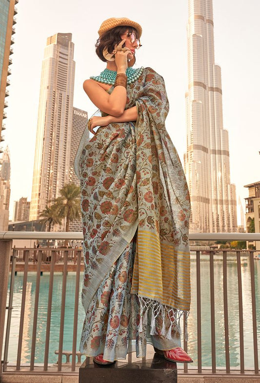 Grey printed saree