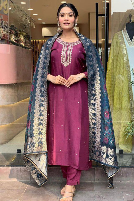 Burgundy Viscose Rayon Designer Embroidery Work With Printed Festive wear Salwar Suit