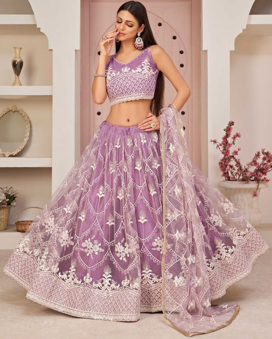 Light-lavender embroidered net semi stitched lehenga