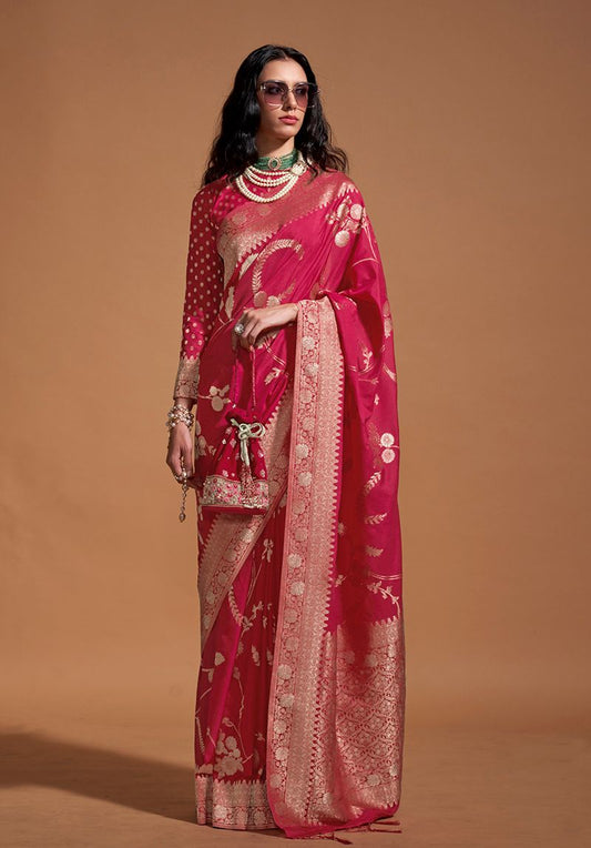 Rani pink woven ethnic sarees