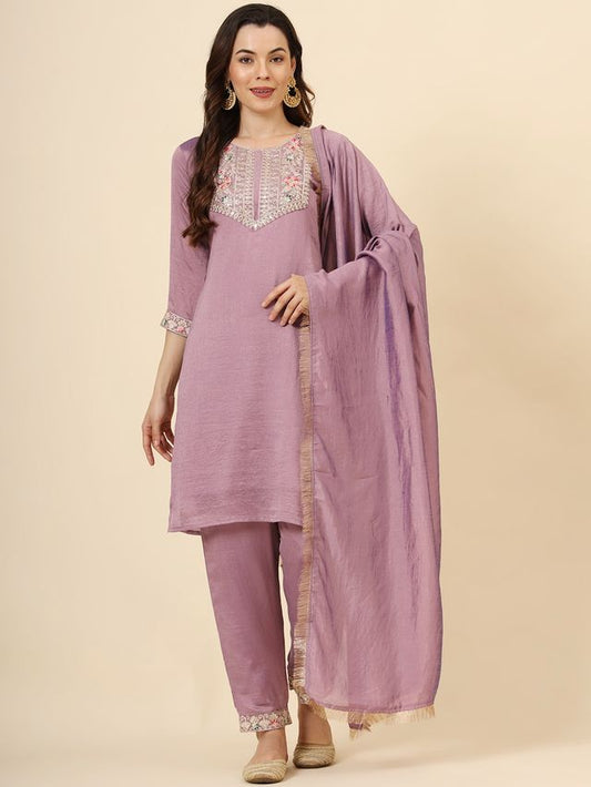 Purple Vichitra Silk Designer Embroidery Work Ethnic Readymade Salwar Suit