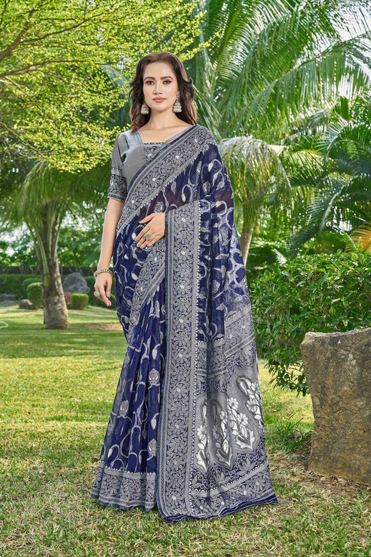 Blue Color Silk Cotton Wevon Thread Designer Ethnic Casual Looks Saree