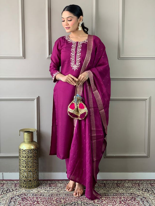 Burgundy Viscose Chanderi Designer Embroidery Work   Graceful Festive Wear A-Line Kurta