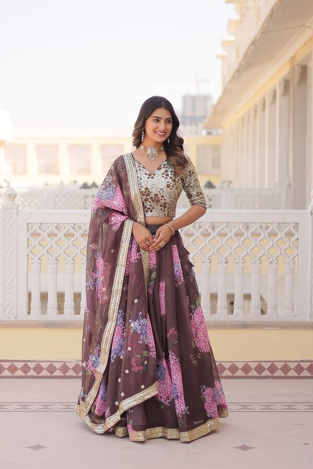 Brown Russian Silk Digital Printed with Embroidered Sequins work Lehenga Choli