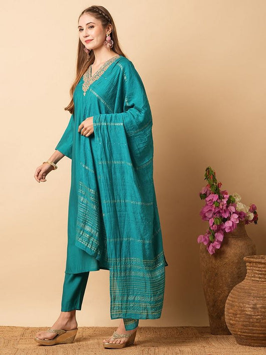 Teal Blue Viscose Chanderi Designer Embroidery Work