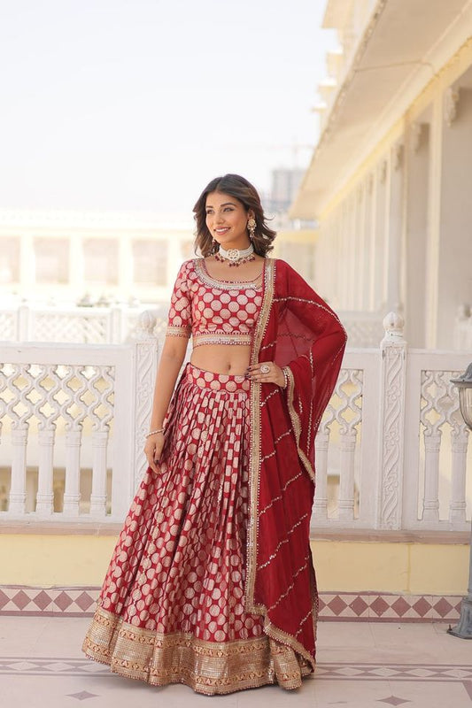 Maroon Pure Viscose Jacquard with Embroidered Sequins work Lehenga Choli