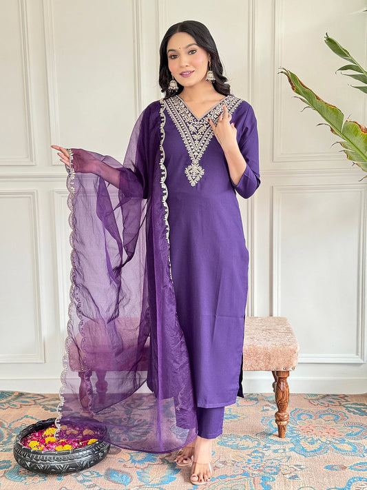 Violet Rayon Slub Fabric Straight Kurta, Pant and Dupatta Set