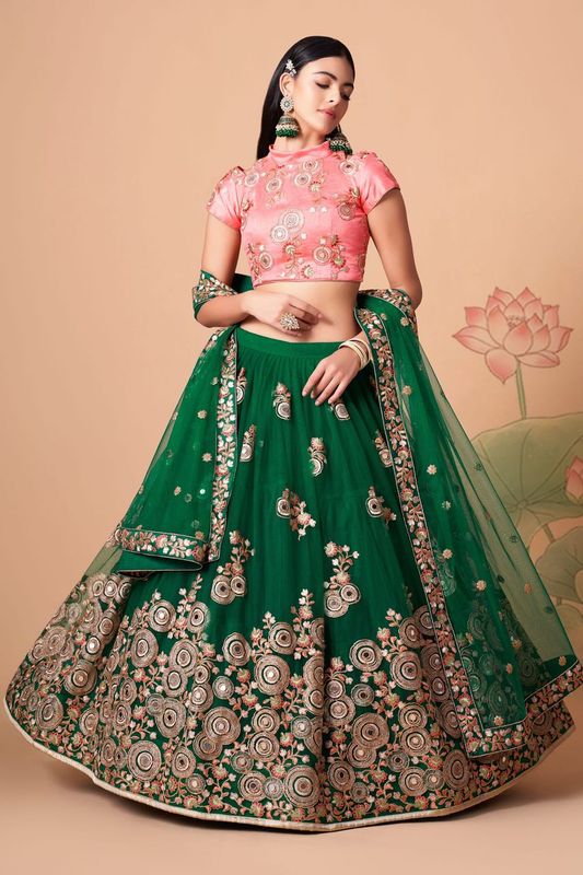 Green and Peach Women's Soft Net Embroidery Lehenga Choli