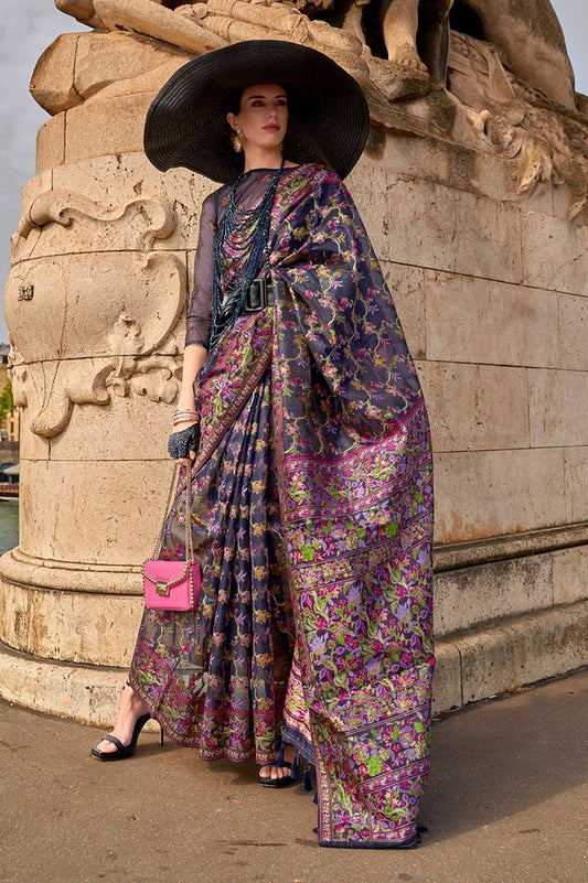  Navy blue hand woven contemporary saree