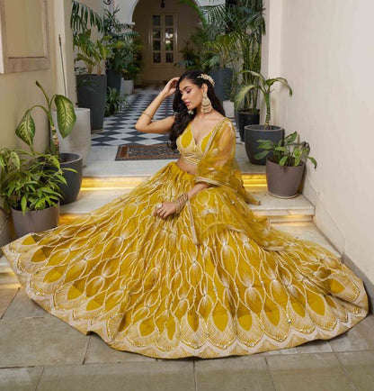 MUSTARD YELLOW COLOR NET FABRIC LAHENGA