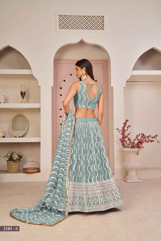 Blue embroidered net semi stitched lehenga