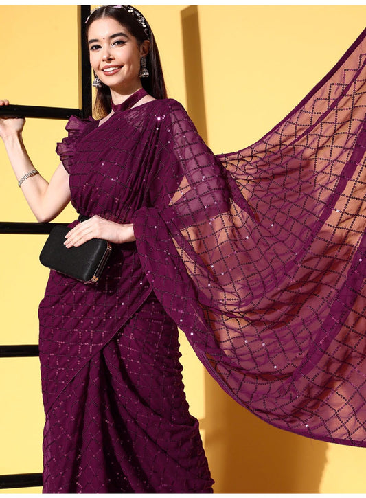 Solid Embellished Sequinned Pure Georgette Saree