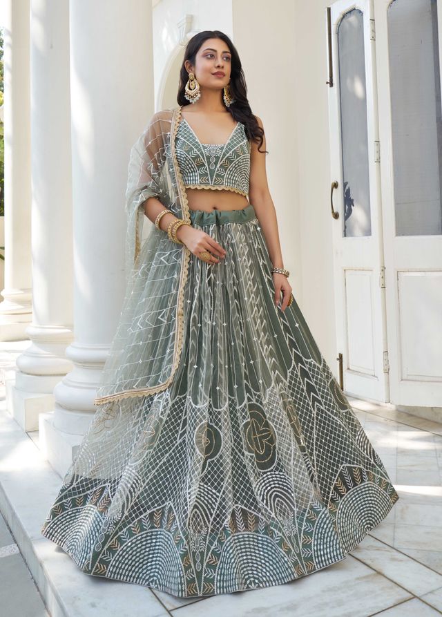 GREEN COLOR NET FABRIC LEHENGA CHOLI