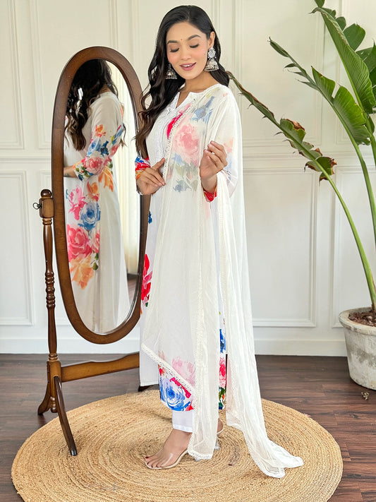 Floral French Crepe Fabric Straight Kurta, Pant and Dupatta Set