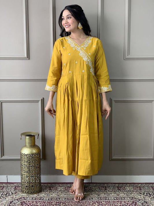 Mustard Viscose Chanderi Designer Embroidery Work   Ethnic Readymade Salwar Kameez