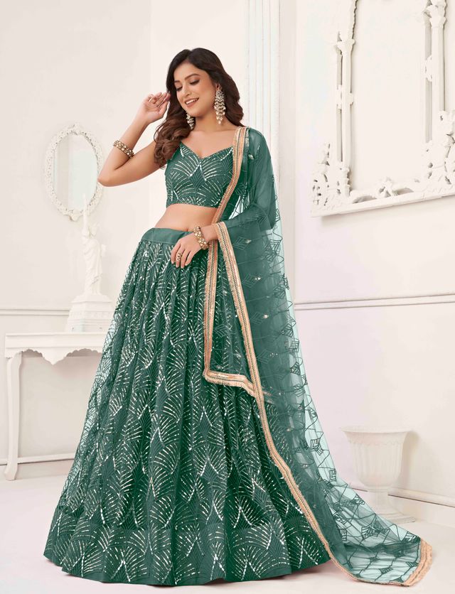 GREEN COLOR NET FABRIC LEHENGA CHOLI