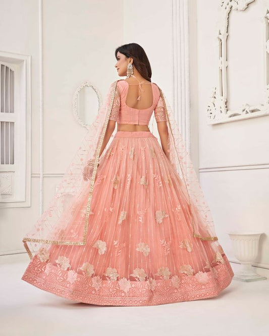 PEACH COLOR NET FABRIC LEHENGA