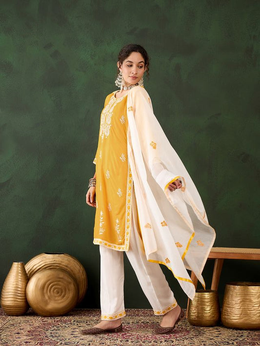 Yellow Rayon Fabric Ethnic Designer Chikankari Embroidery Work